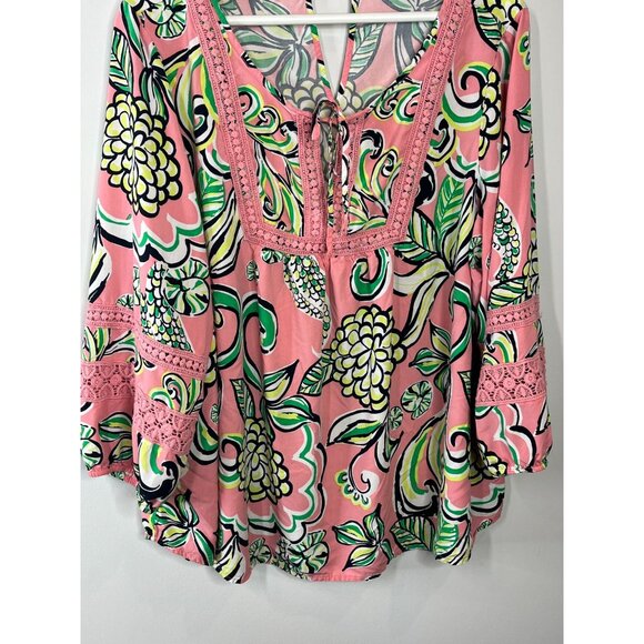 Crown and Ivy Top Womens XXL Shirt Peasant Blouse Pink Green Work Casual Floral - Picture 3 of 16